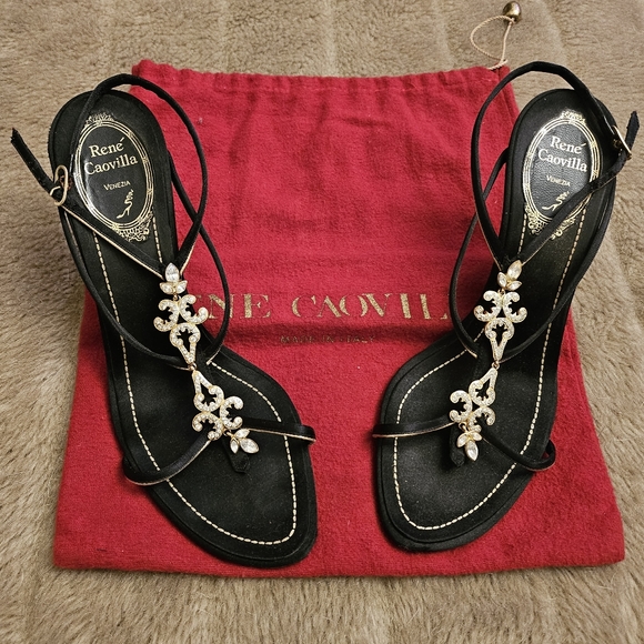 Rene Caovilla blinged out rhinestone heels with gold trim